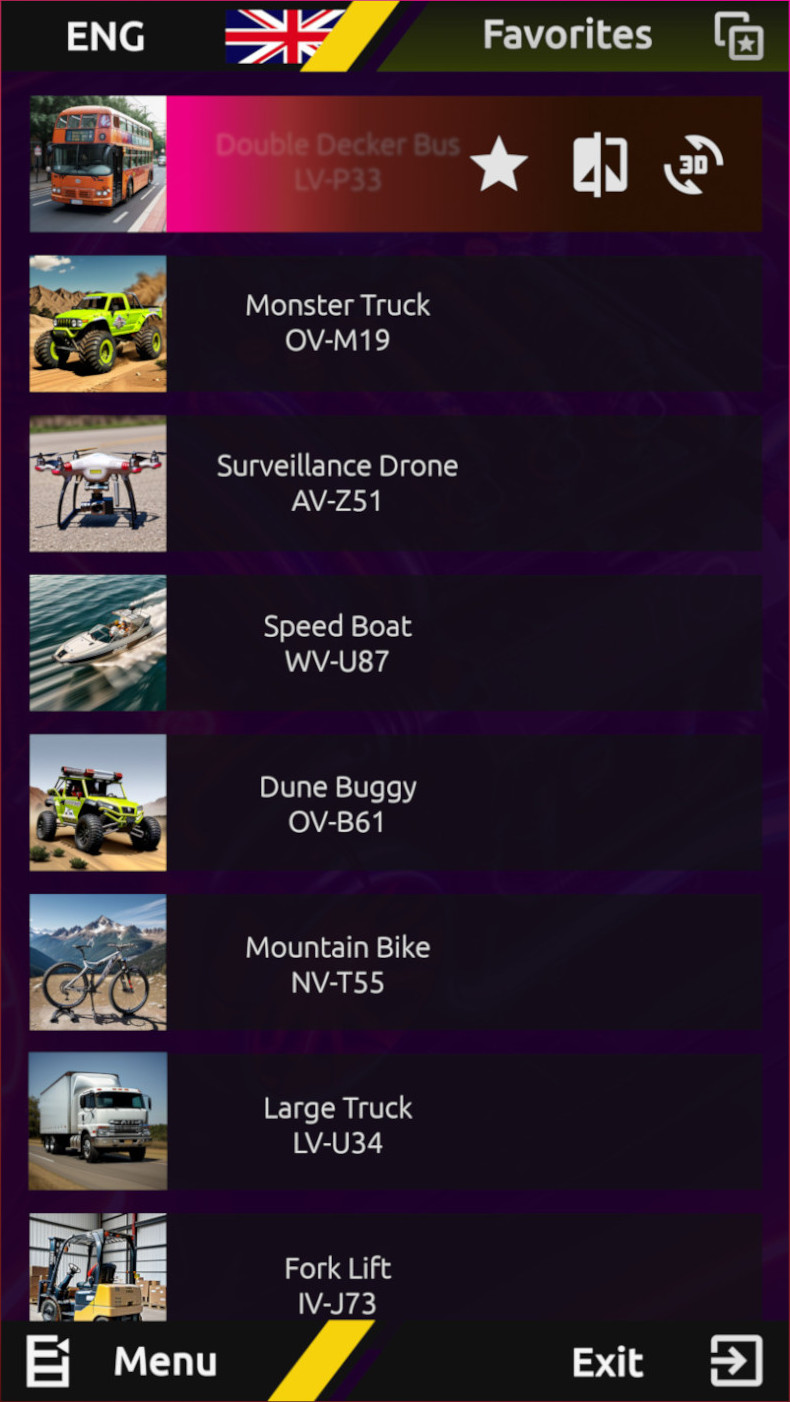 Vehicle Encyclopedia App-Favorites Screen