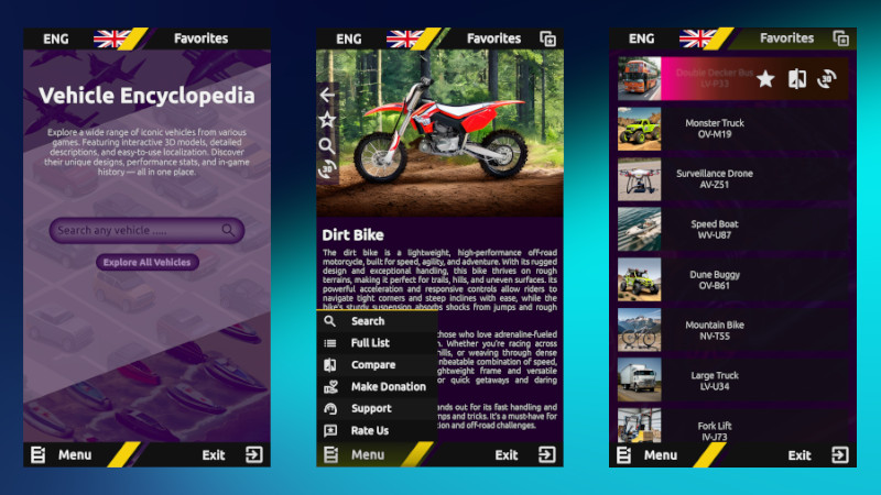 Explore and compare detailed 3D vehicles from popular video games in a multilingual Unity-powered encyclopedia app.